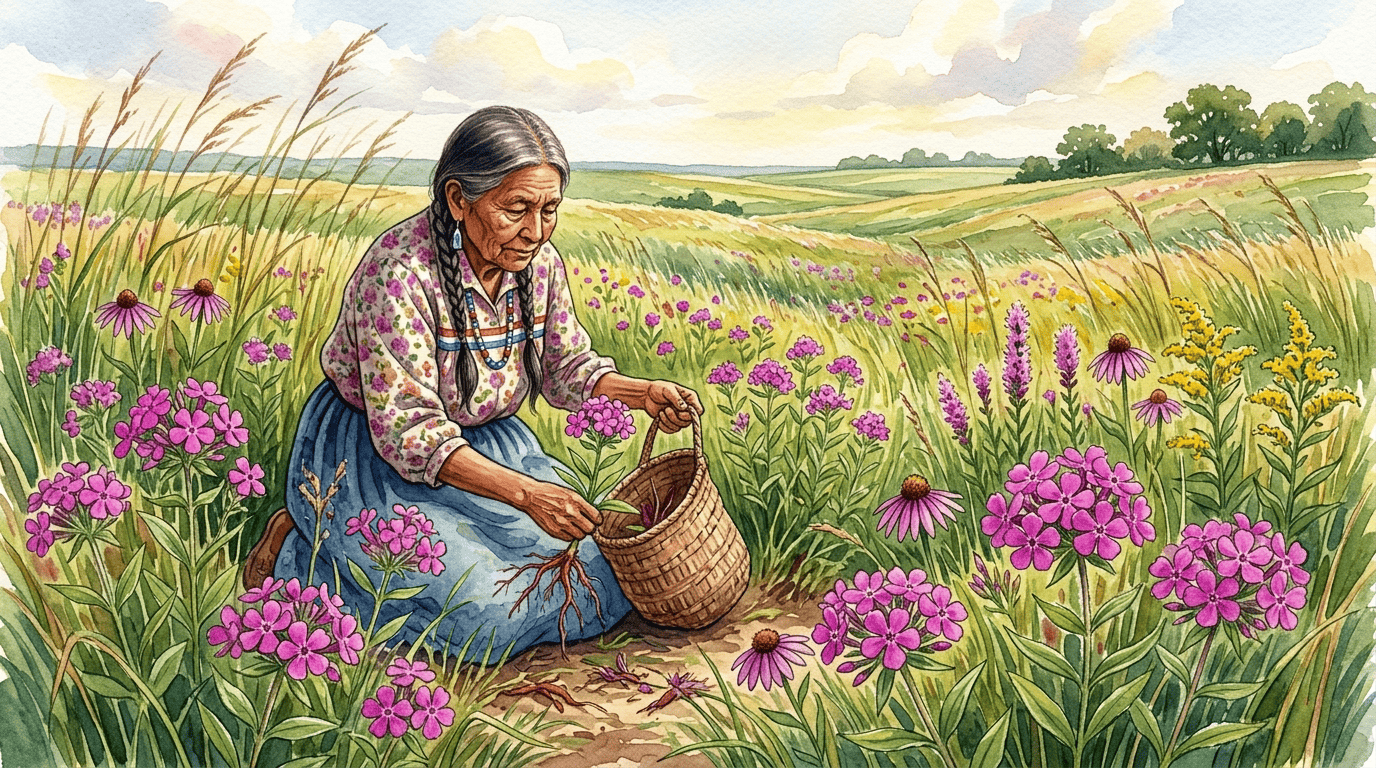 Escena histórica ilustrada de flox de las praderas