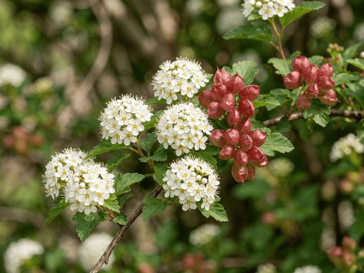 Schneeballblättrige Blasenspiere — Nahaufnahme von Blättern und Blüten