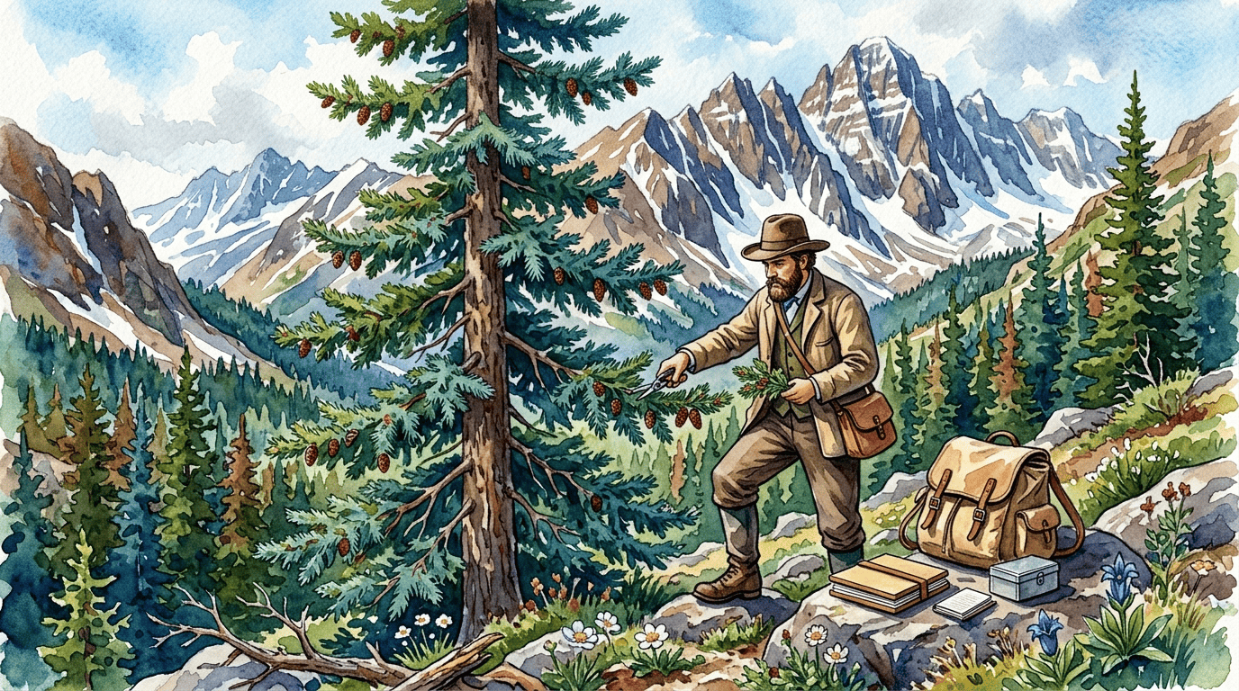 Escena histórica ilustrada de pícea de Engelmann