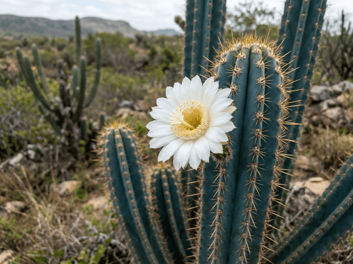 Blue Torch Cactus — close-up of leaves and flowers