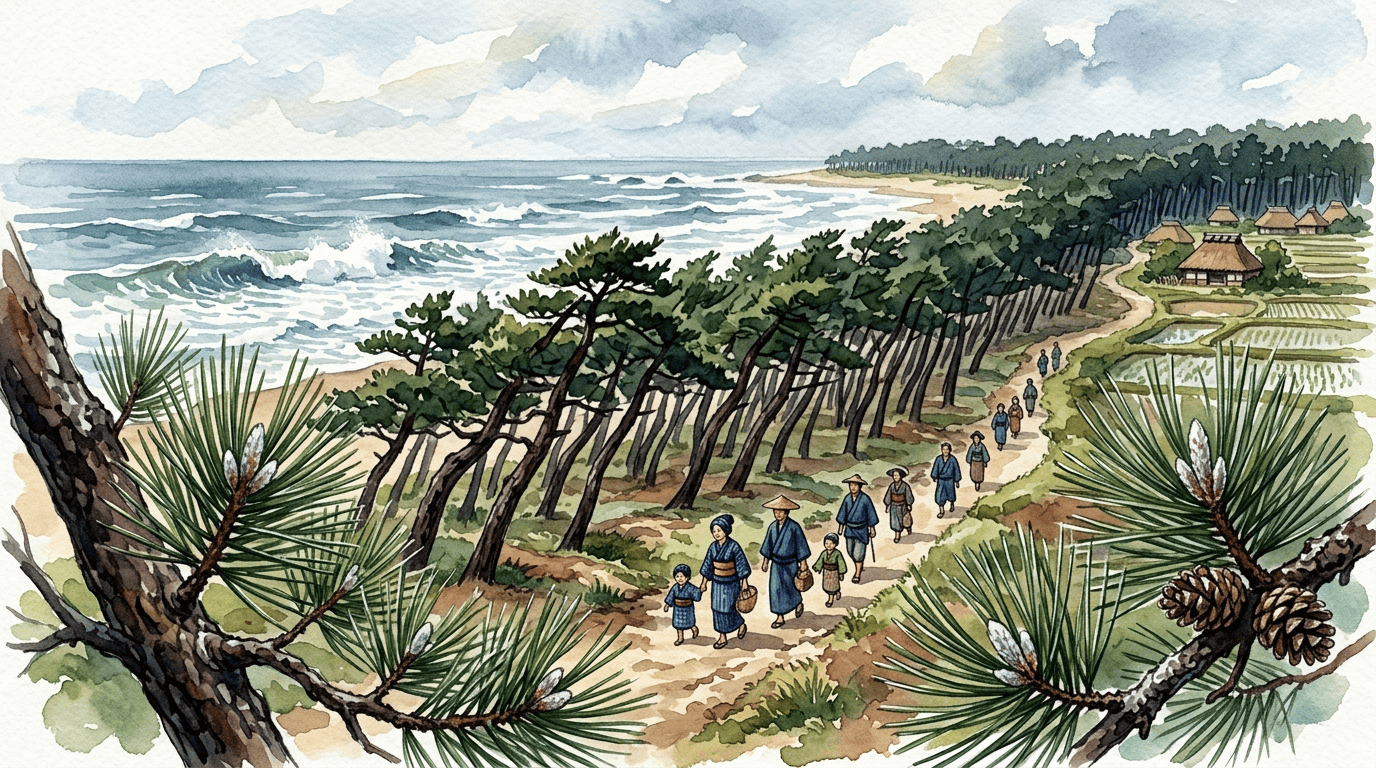 Escena histórica ilustrada de Pino negro japonés