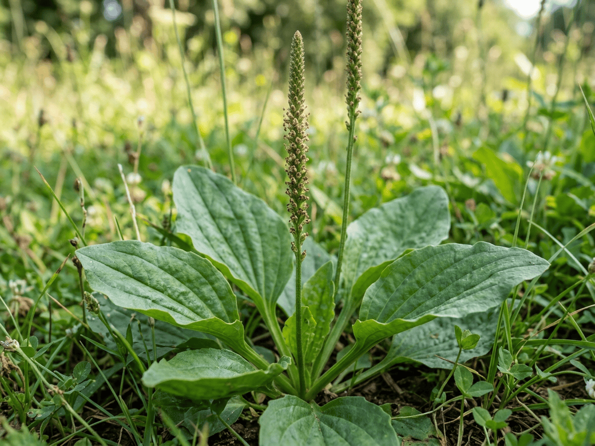 Breitwegerich — Nahaufnahme von Blättern und Blüten
