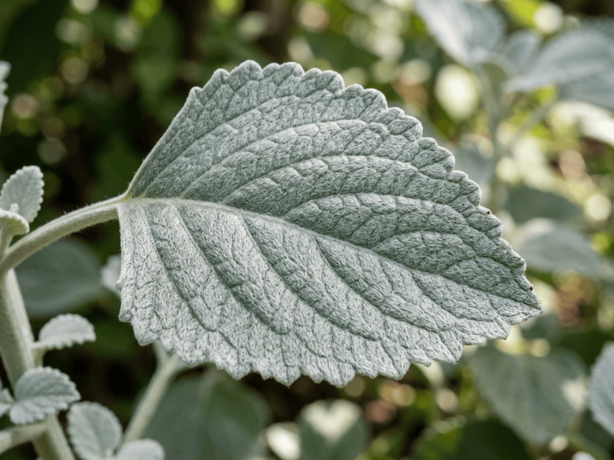 plectranthus plateado — primer plano de hojas y flores