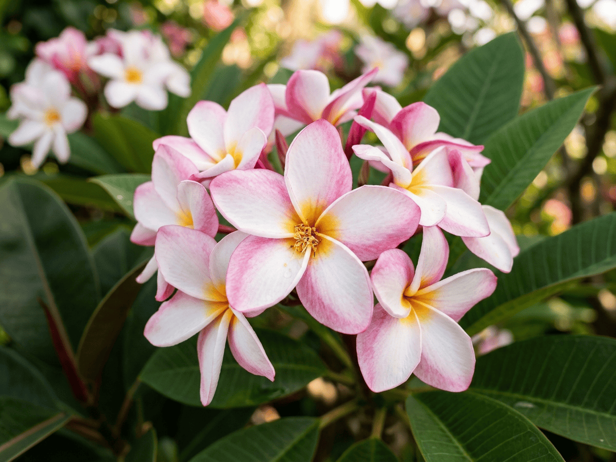 Frangipani rosso — primo piano di foglie e fiori