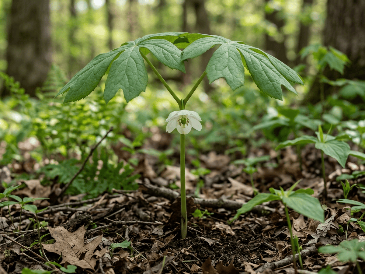 Podófilo (Podophyllum peltatum), planta completa
