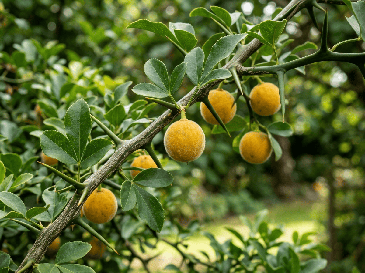 Citronnier épineux — gros plan sur feuilles et fleurs