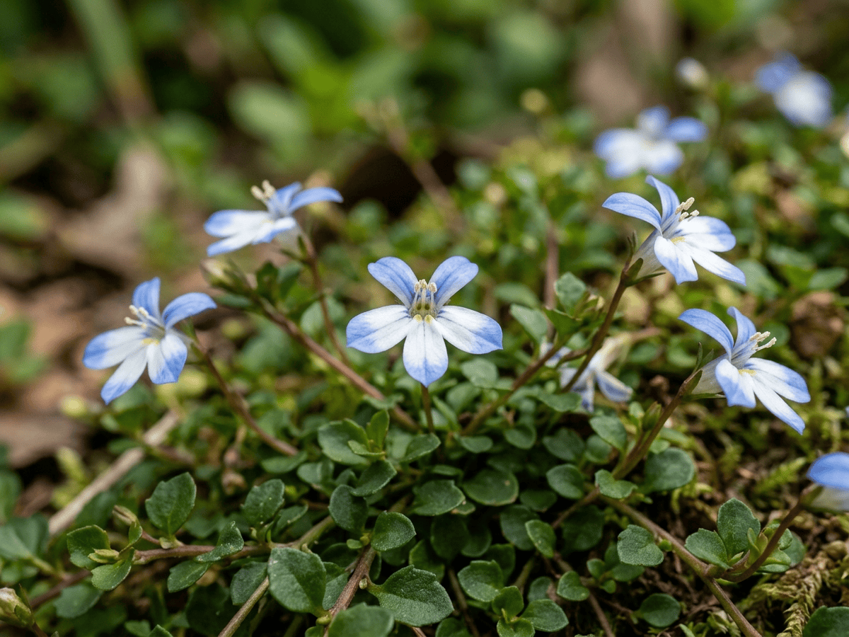 pratia rastrera — primer plano de hojas y flores