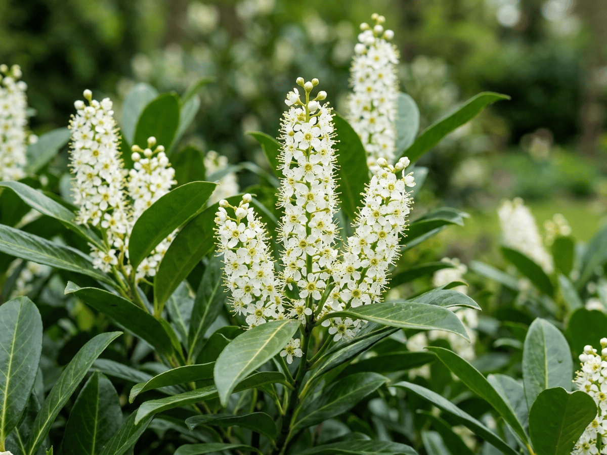 Laurel Cerezo — primer plano de hojas y flores