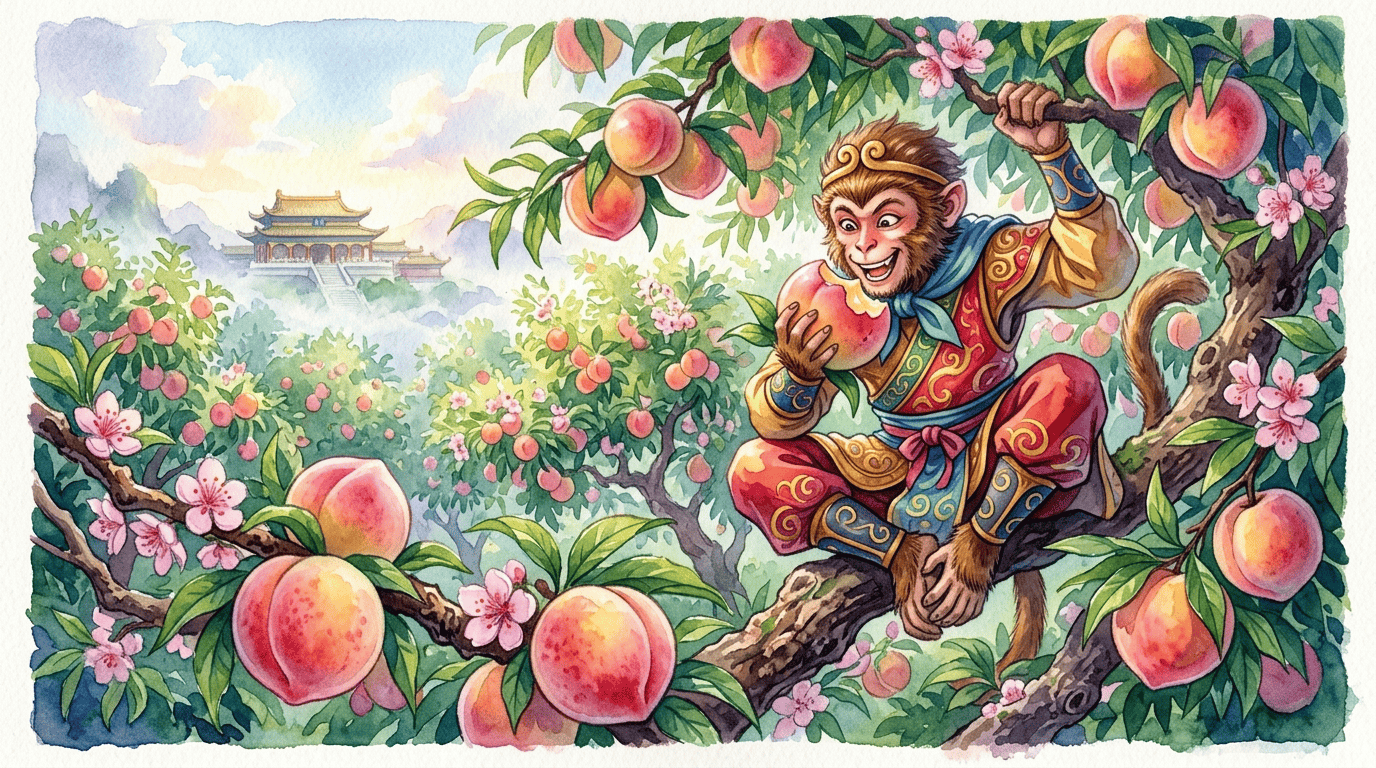 Illustrated historical scene for Peach