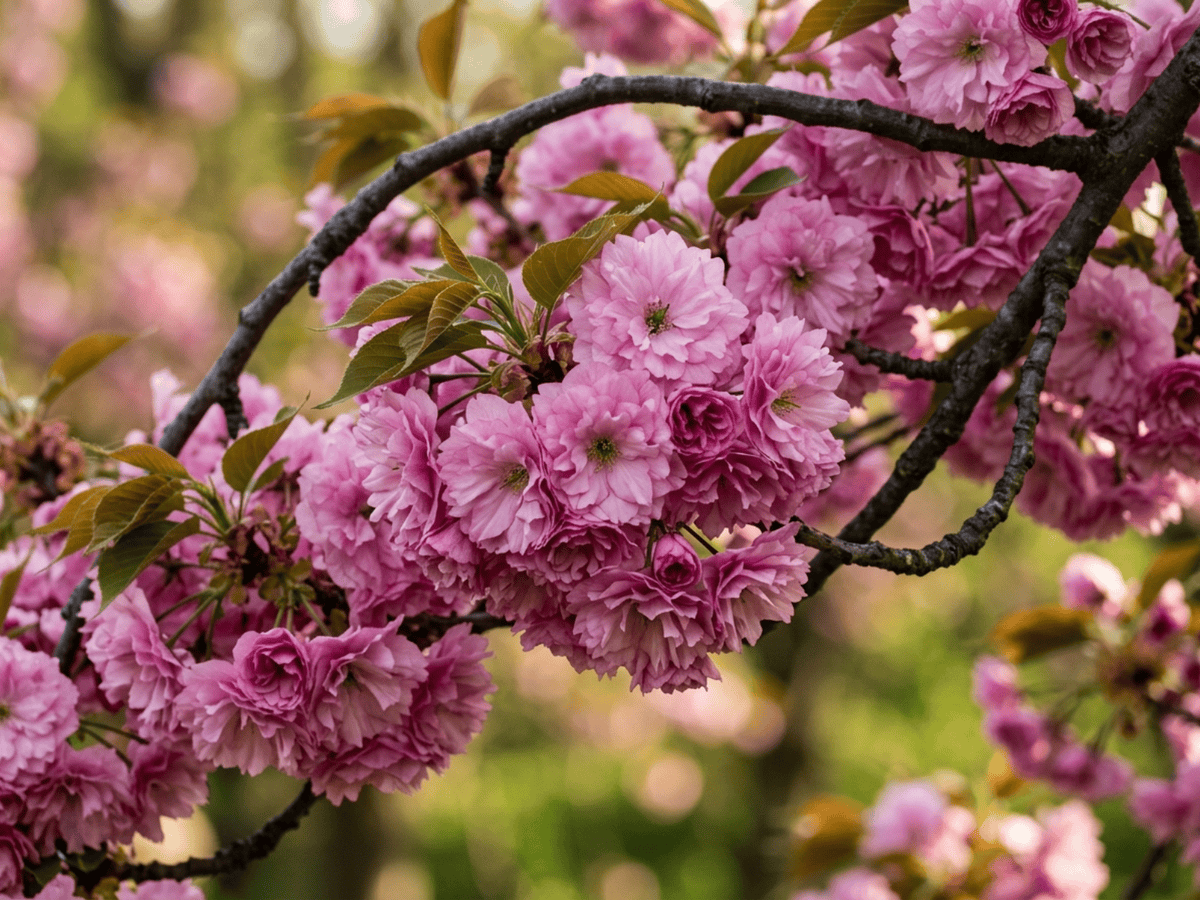 Cerezo japonés — primer plano de hojas y flores