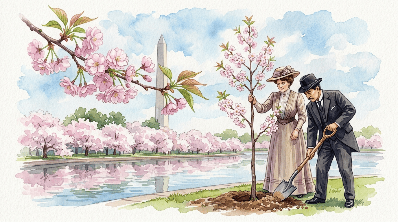 Escena histórica ilustrada de Cerezo japonés