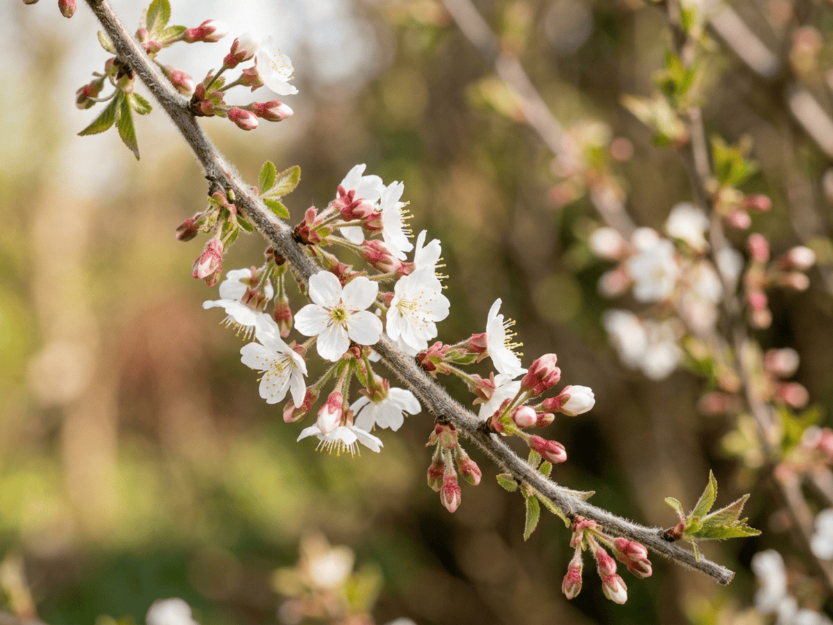 Nanking Cherry — close-up of leaves and flowers