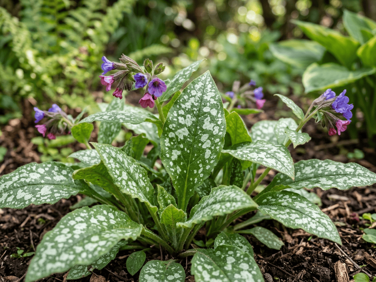 pulmonaria — primer plano de hojas y flores