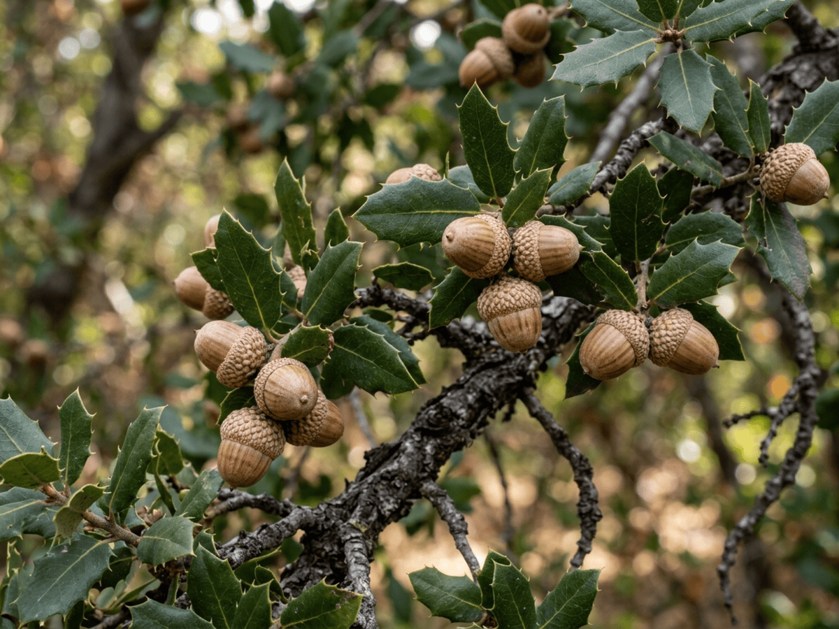 Chêne vert de Californie — gros plan sur feuilles et fleurs