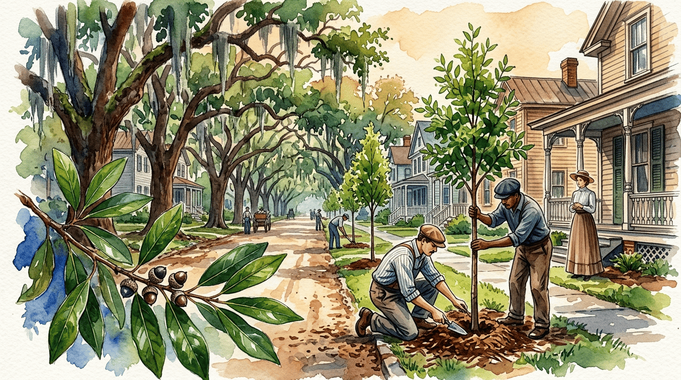 Escena histórica ilustrada de roble laurel de pantano