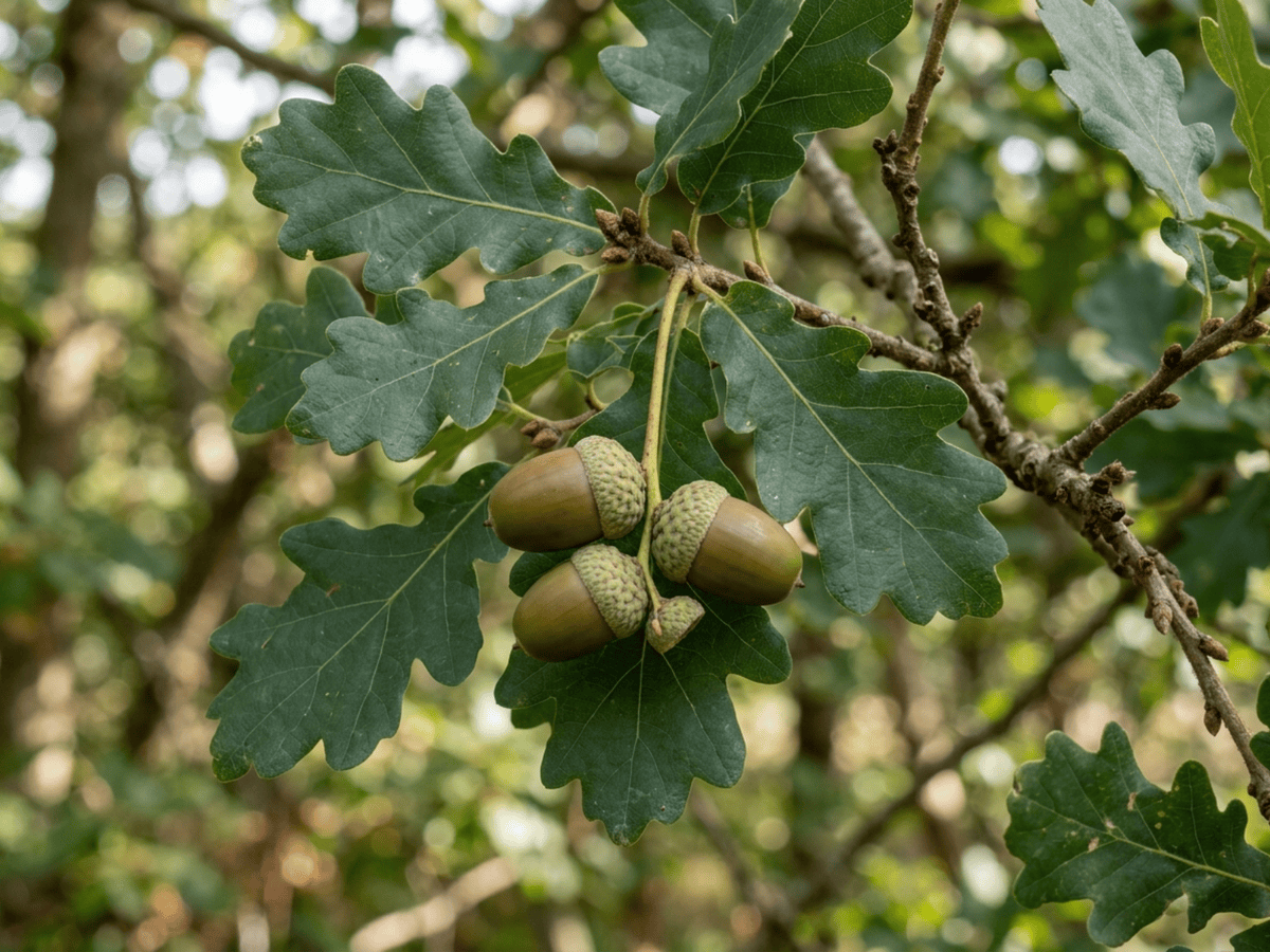 roble común — primer plano de hojas y flores
