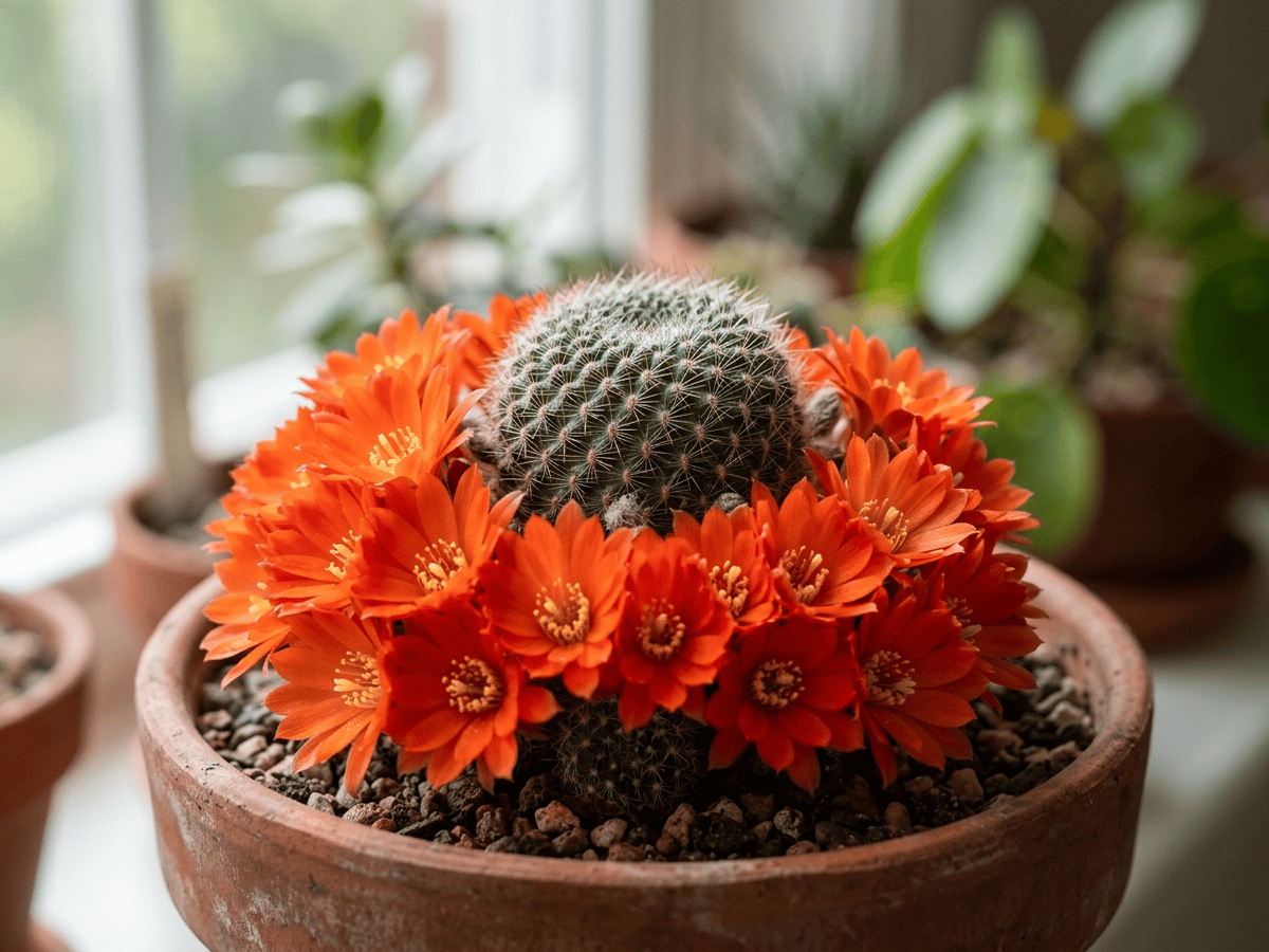 Red Crown Cactus — close-up of leaves and flowers