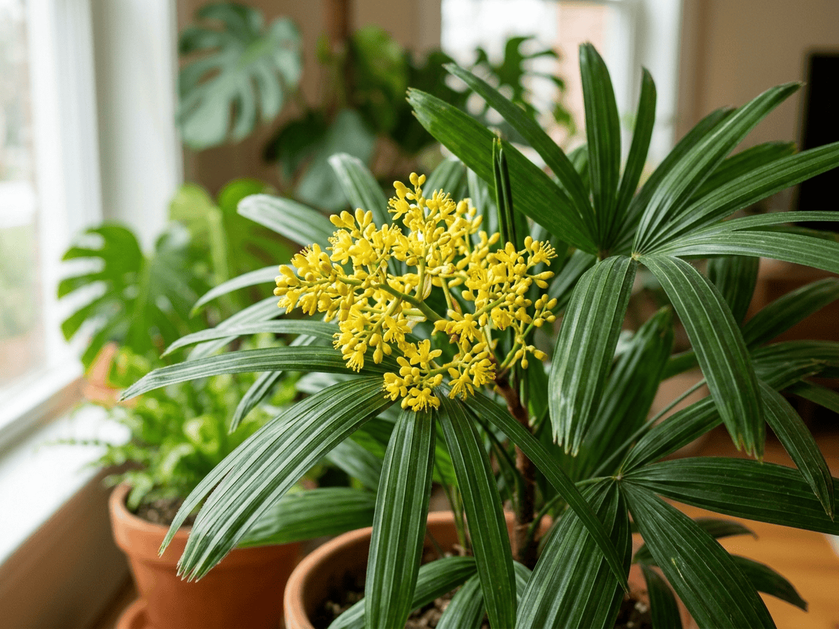 Palma di bambù — primo piano di foglie e fiori