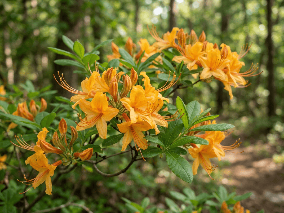 Orangefarbene Azalee — Nahaufnahme von Blättern und Blüten