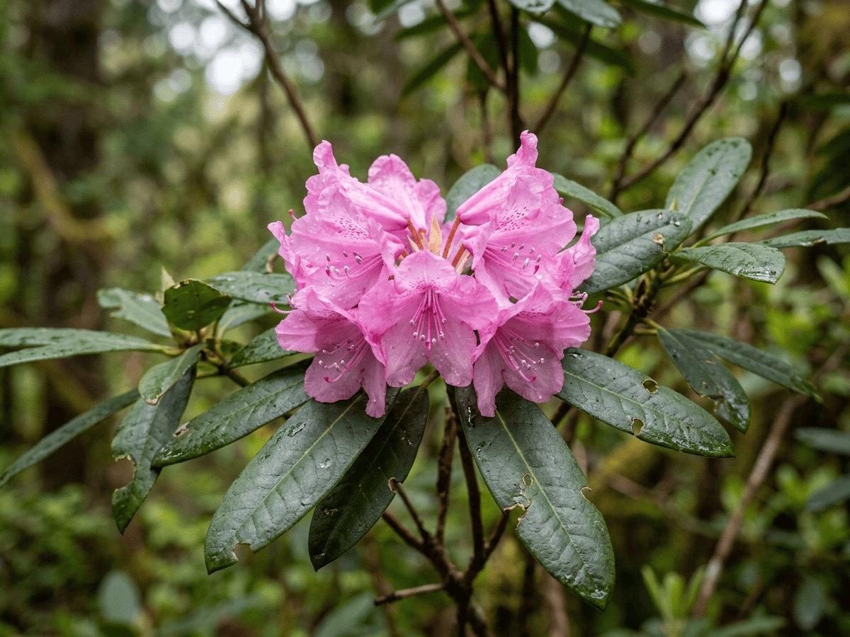 rododendro del Pacífico — primer plano de hojas y flores