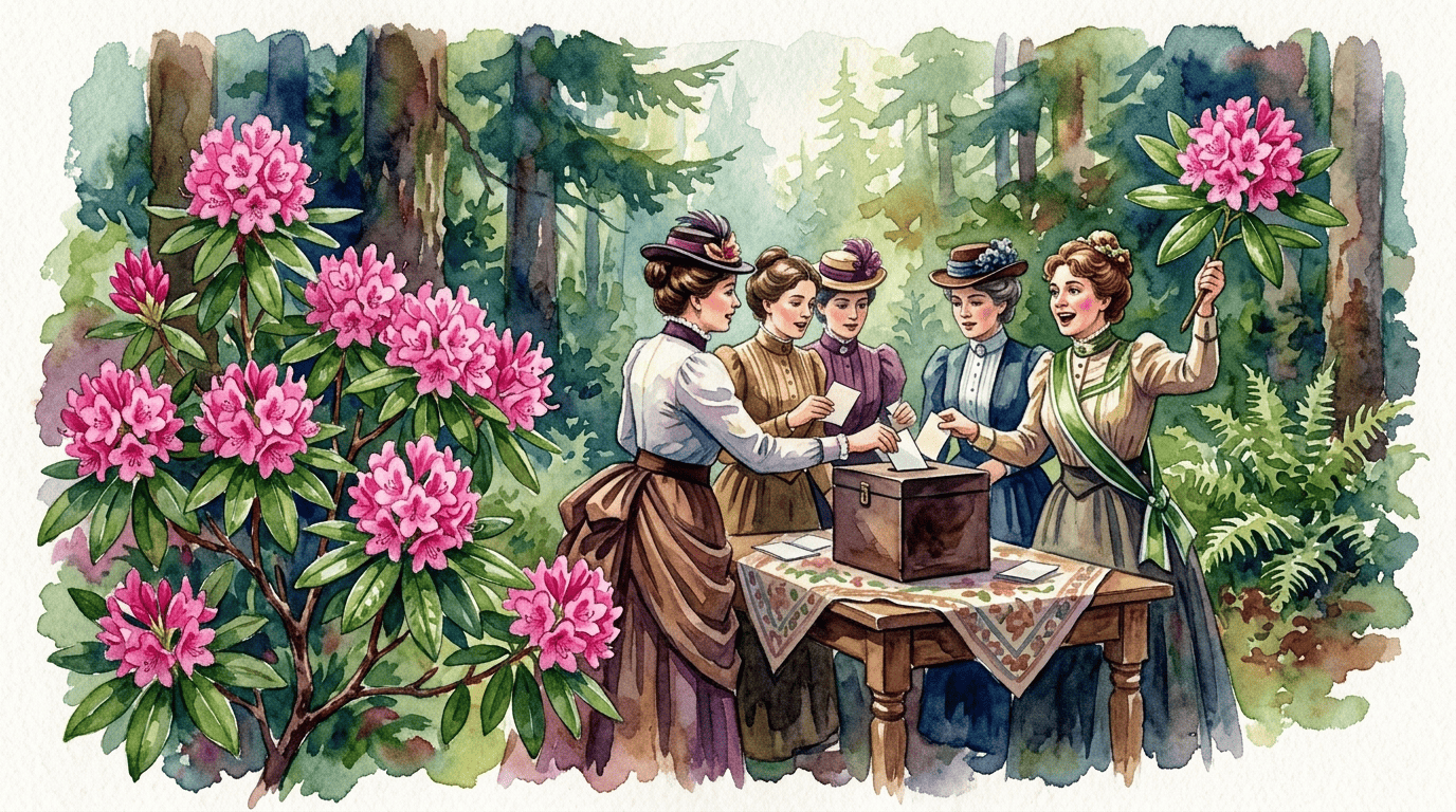 Escena histórica ilustrada de rododendro del Pacífico