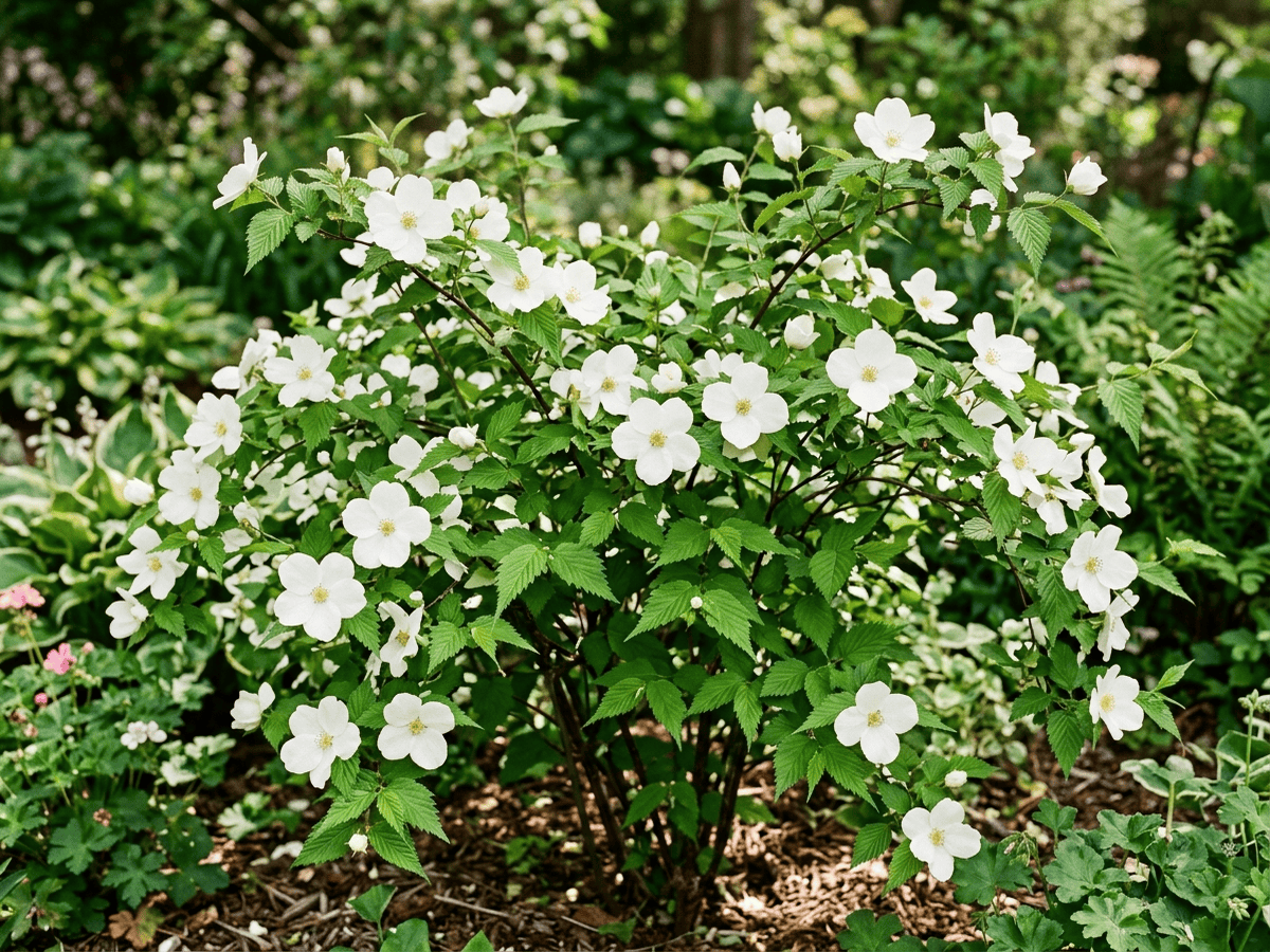 Scheinkerrie (Rhodotypos scandens), ganze Pflanze