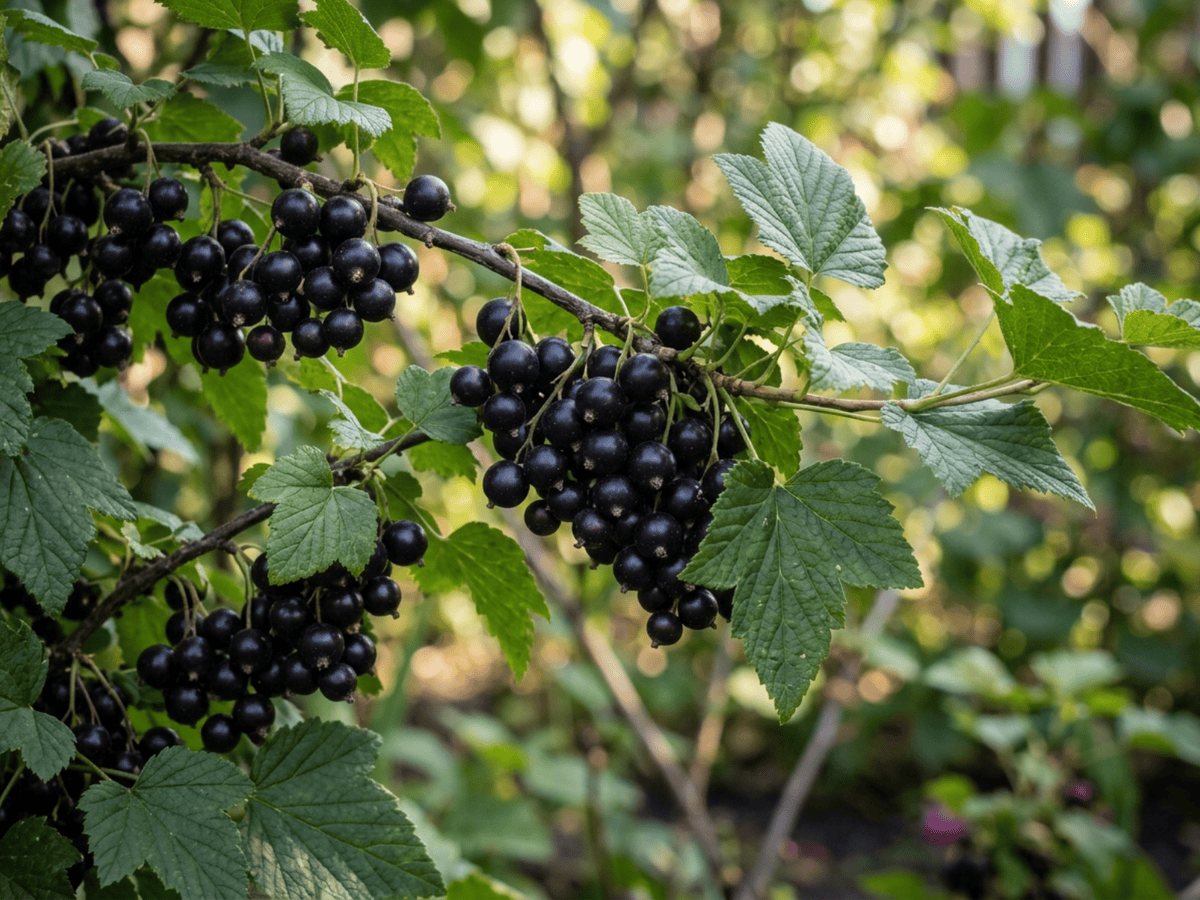 Schwarze Johannisbeere — Nahaufnahme von Blättern und Blüten