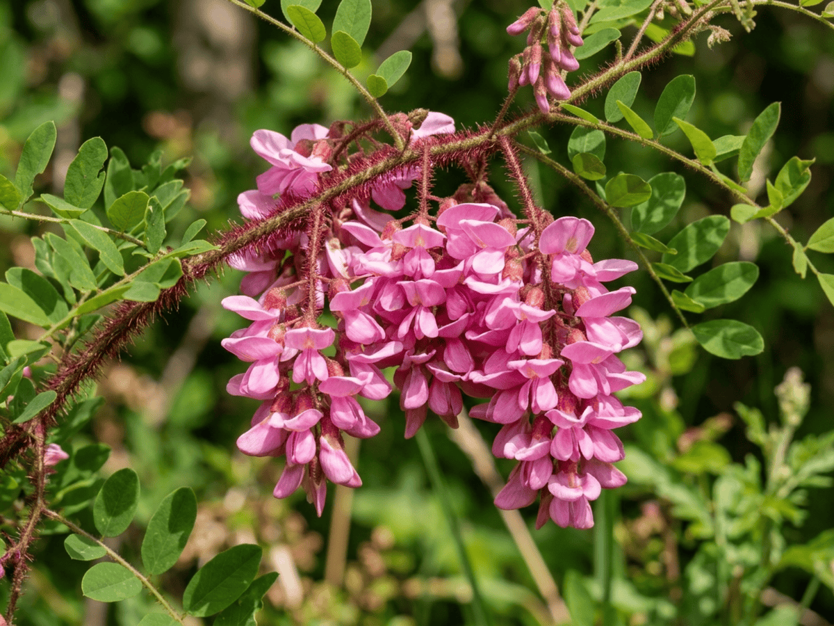 Borstige Robinie — Nahaufnahme von Blättern und Blüten