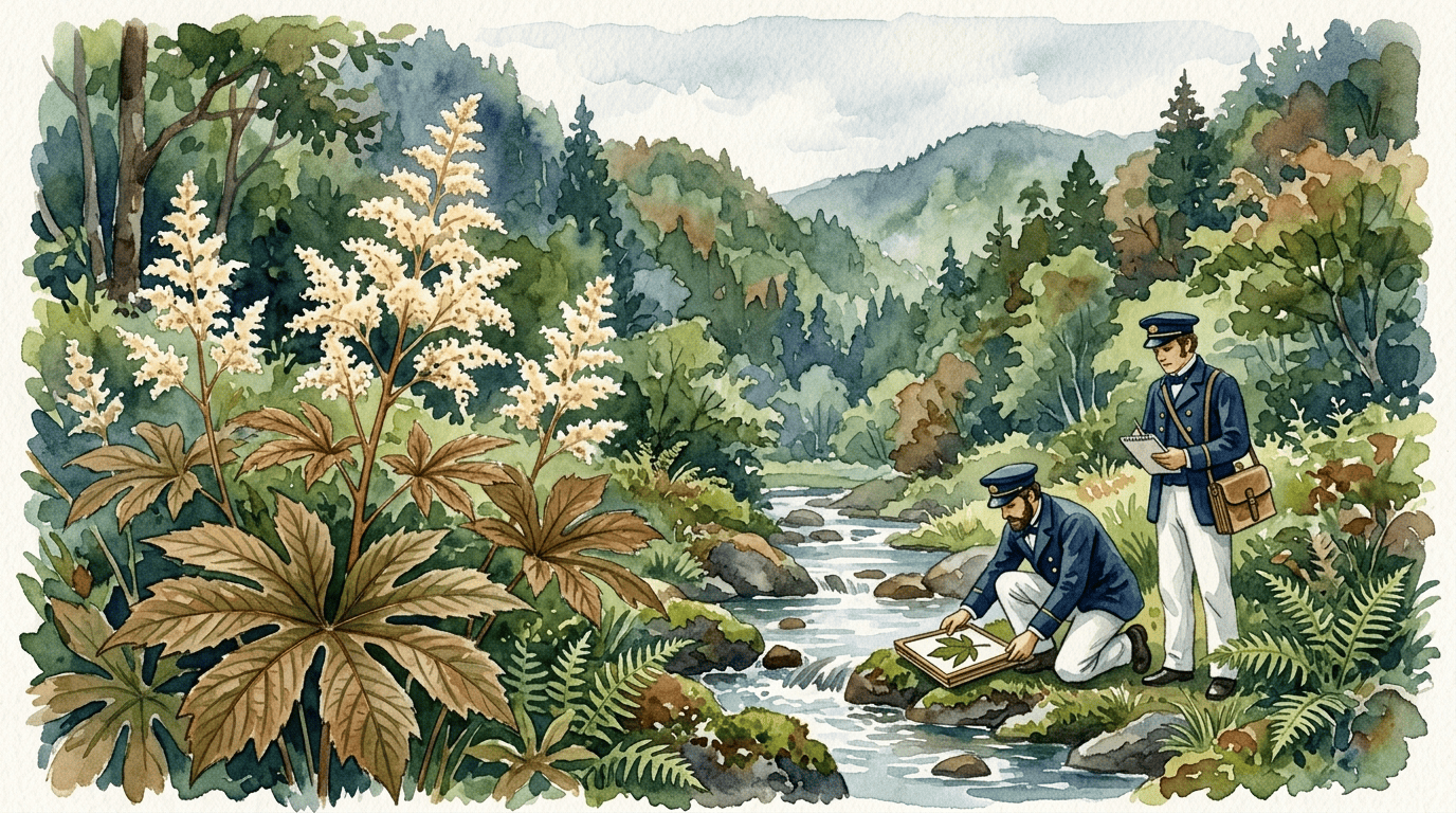 Escena histórica ilustrada de rodgersia japonesa