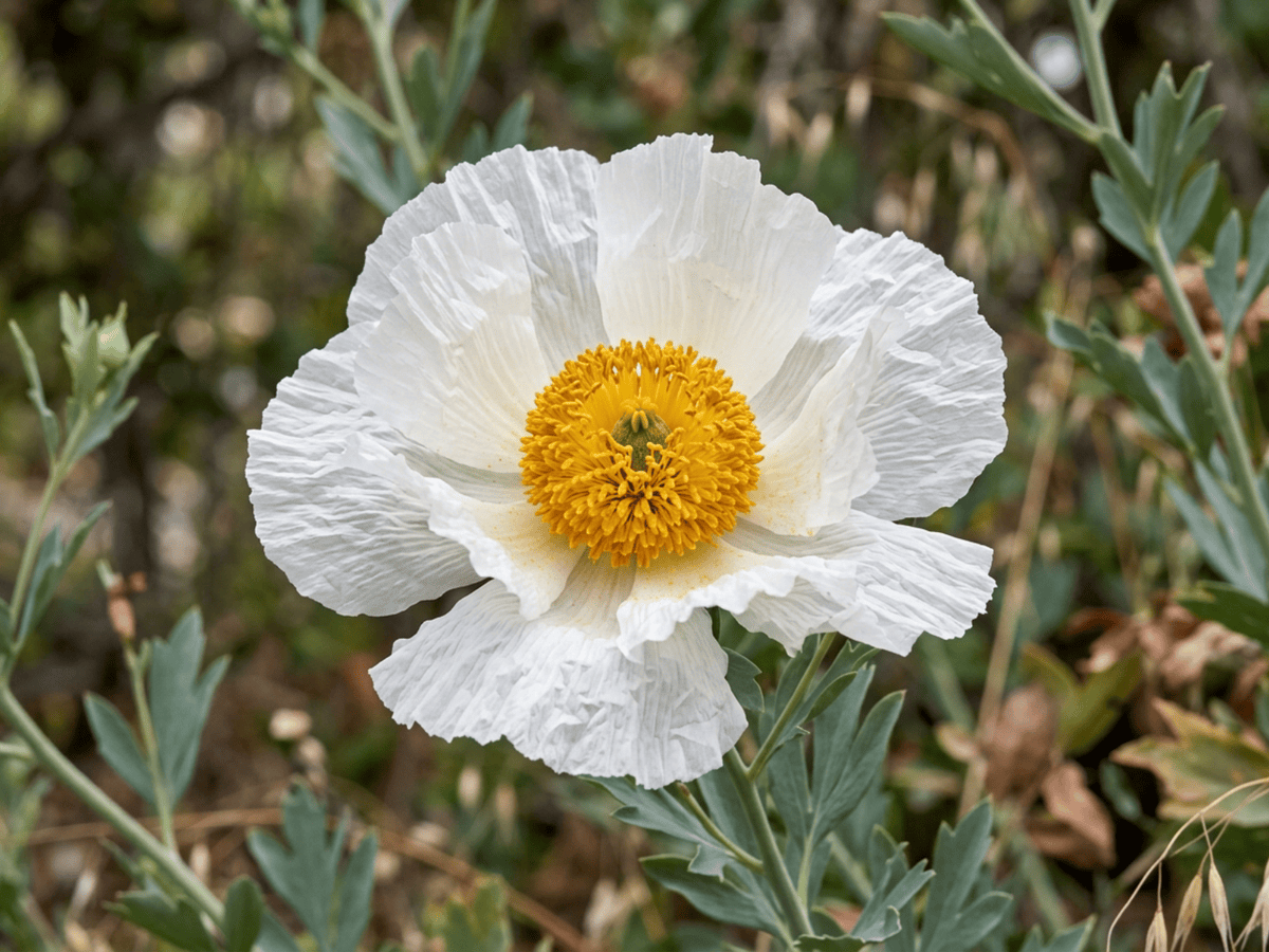 Coulter's Matilija Poppy — close-up of leaves and flowers