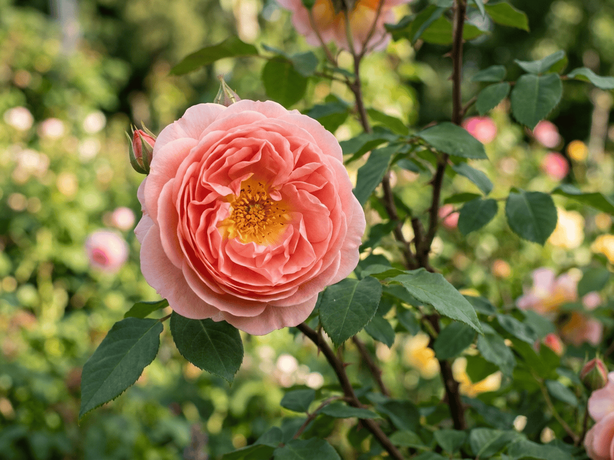 Abraham Darby — primo piano di foglie e fiori
