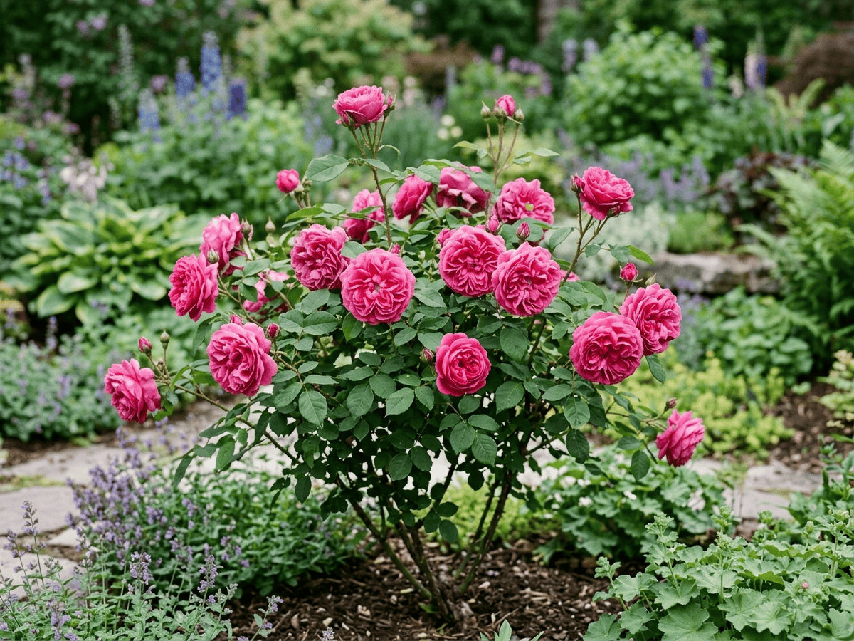 Baronne Prévost (Rosa 'Baronne Prevost'), ganze Pflanze