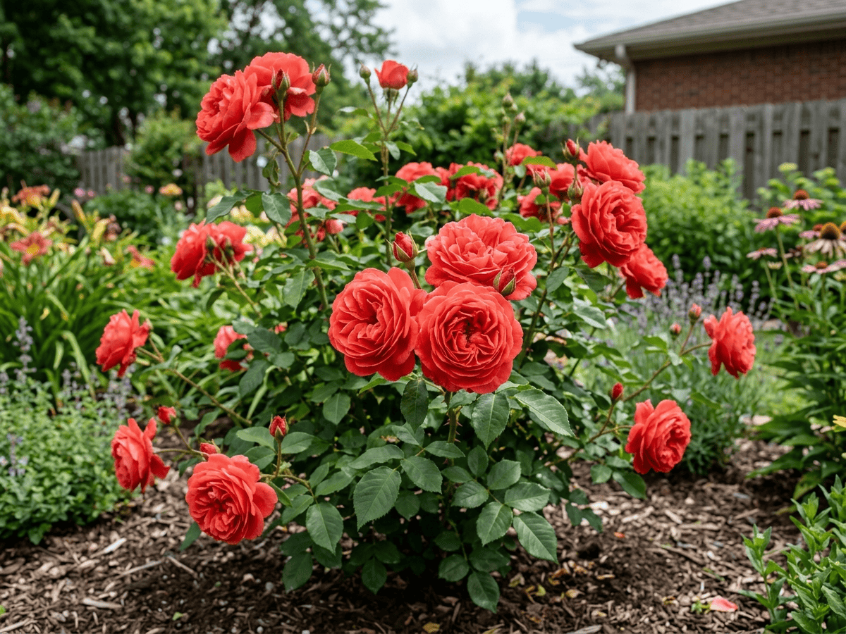 Fragrant Cloud (Rosa 'Fragrant Cloud'), pianta intera