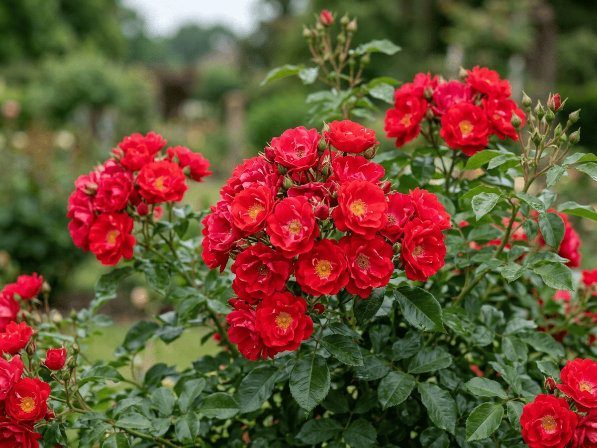 Meidiland Red — close-up of leaves and flowers