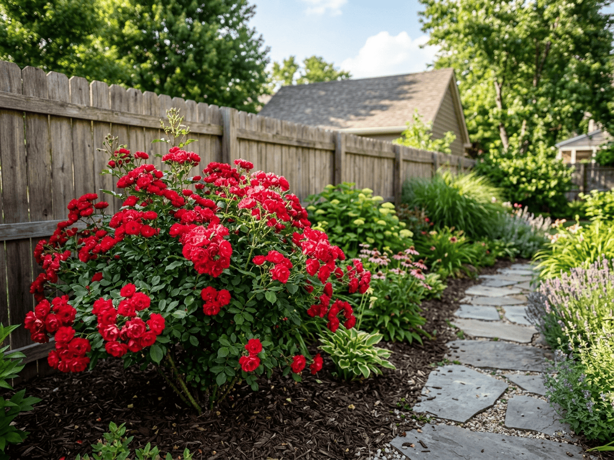 Meidiland Red in a garden setting