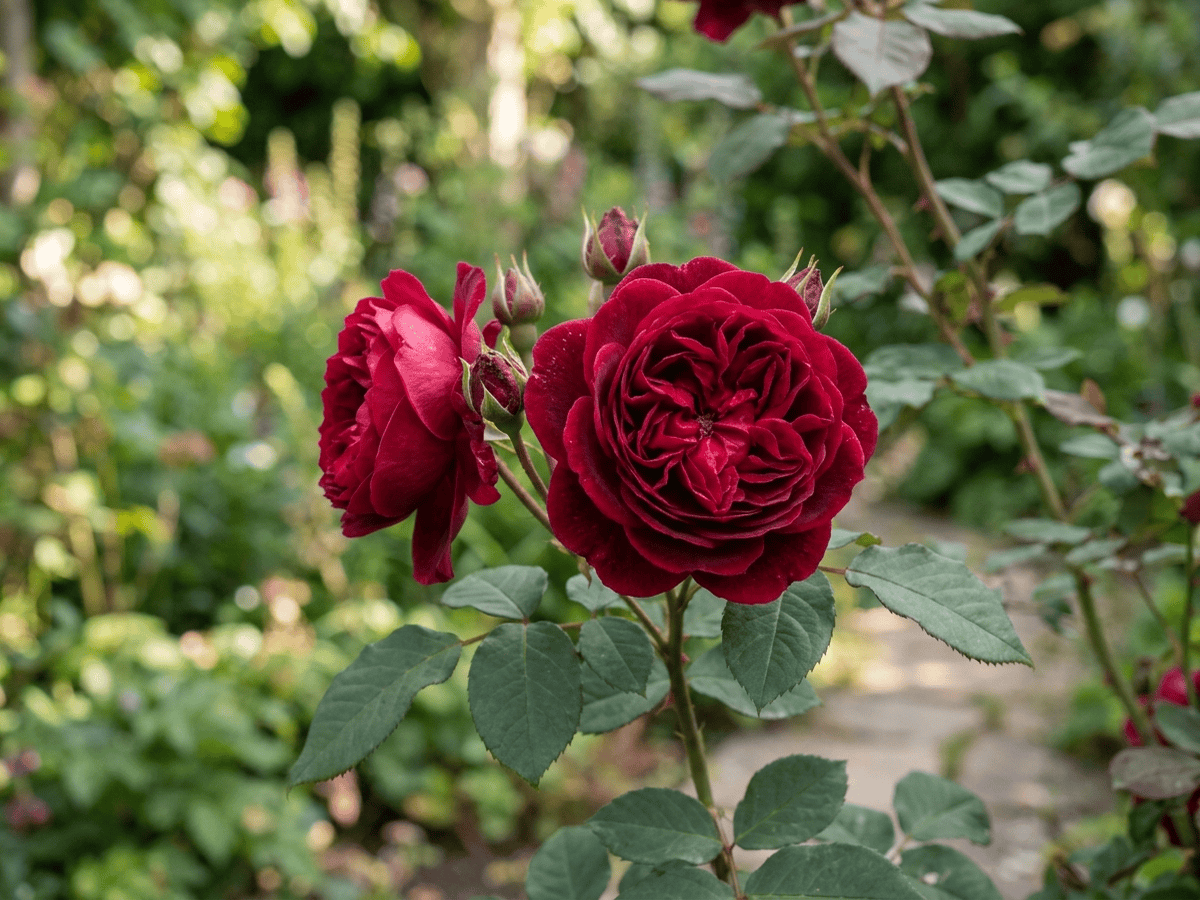 Munstead Wood — gros plan sur feuilles et fleurs