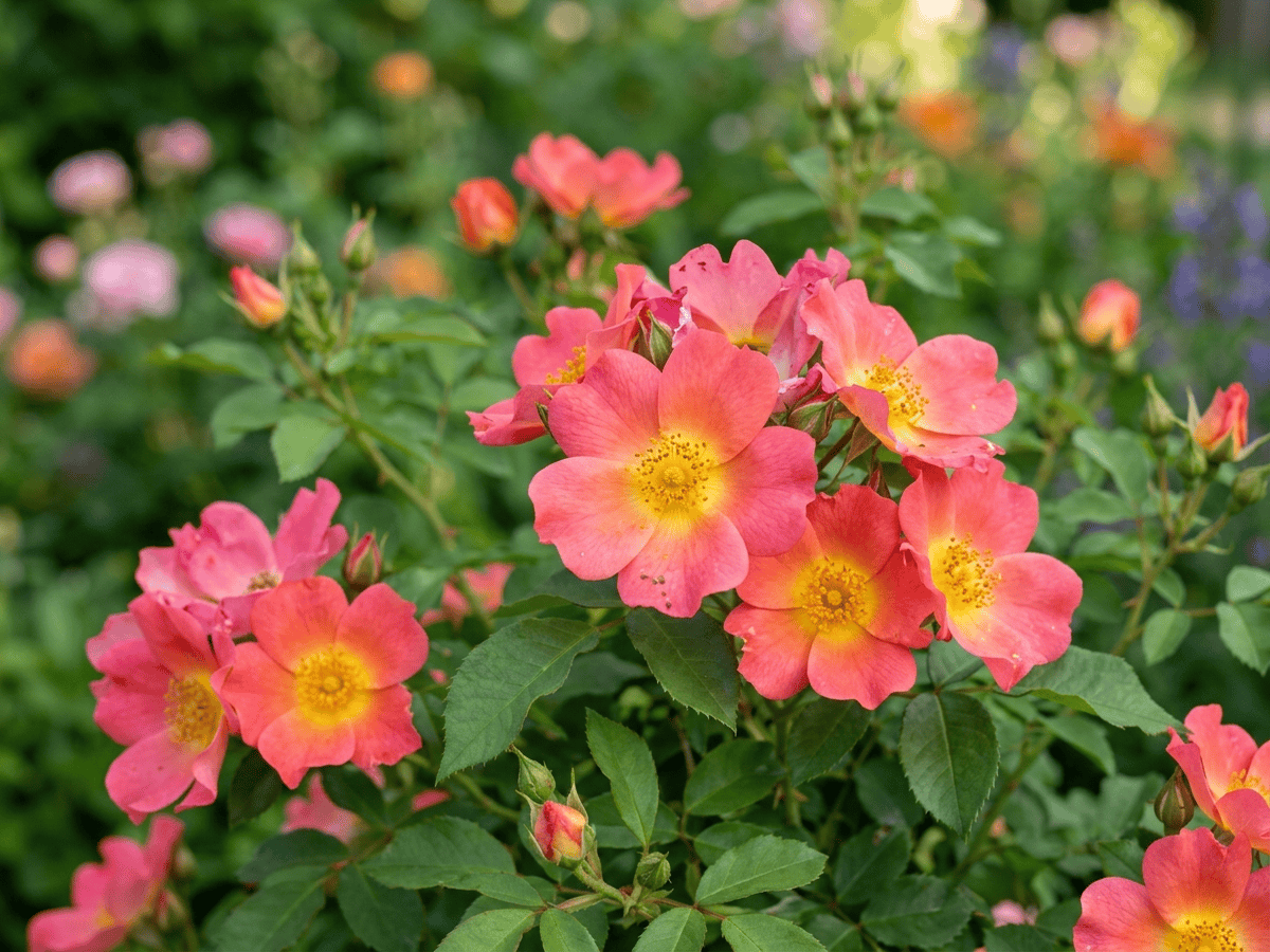 Rainbow Knock Out — Nahaufnahme von Blättern und Blüten