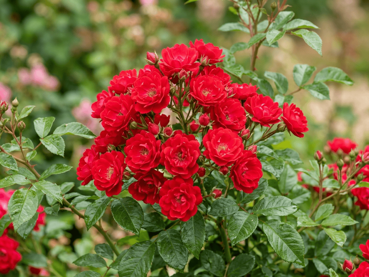 Scarlet Meidiland — close-up of leaves and flowers