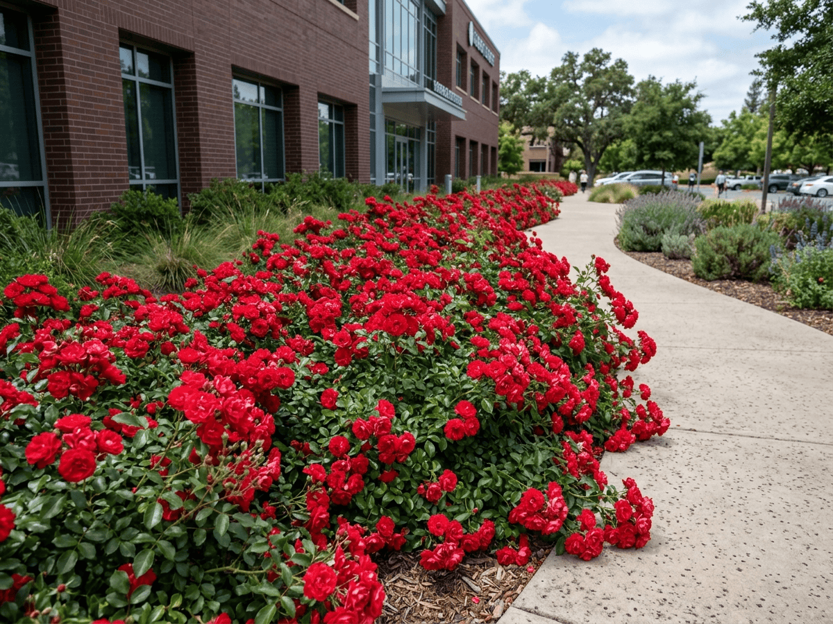 Scarlet Meidiland in a garden setting