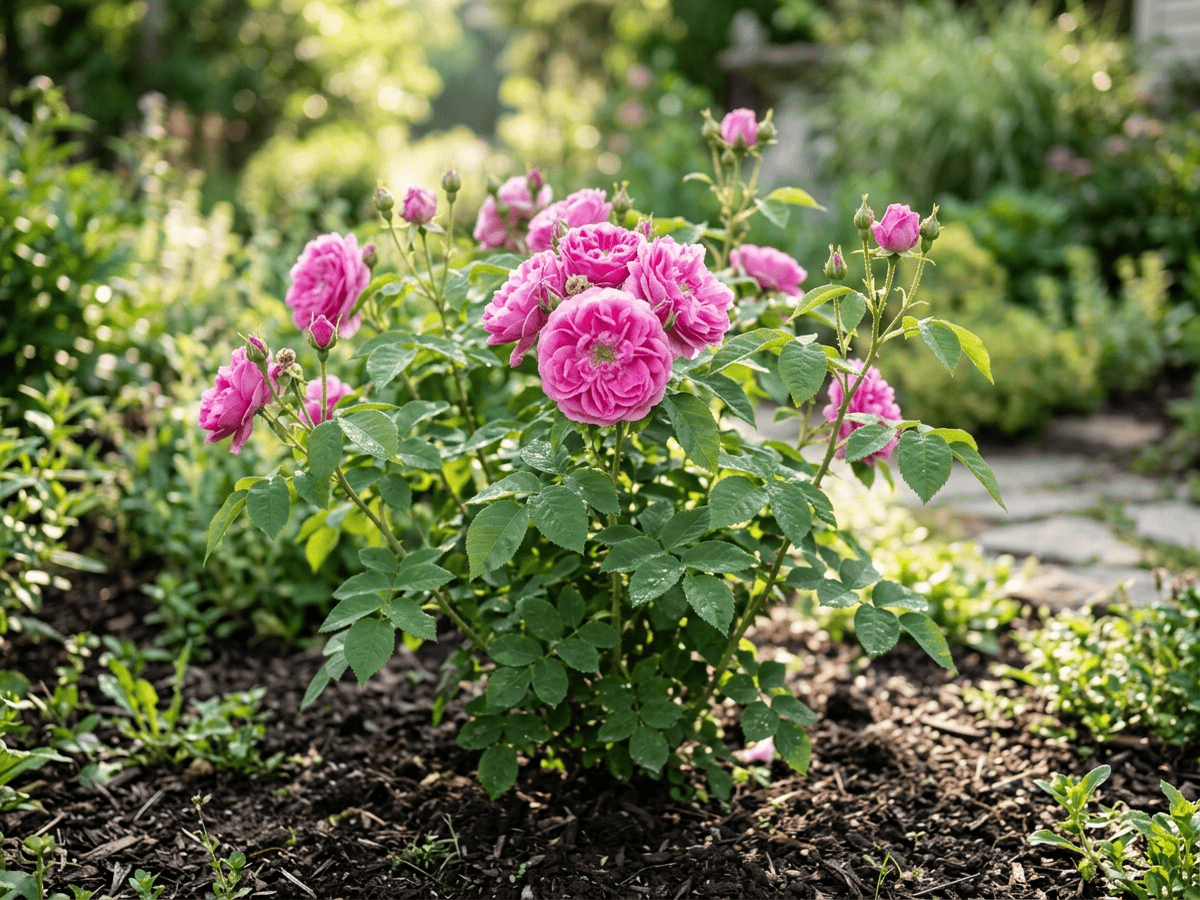 Damask Rose (Rosa damascena), whole plant