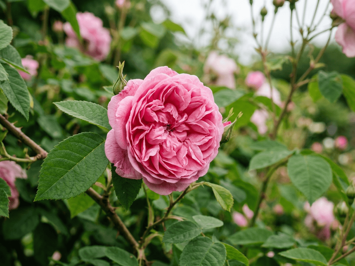 Damask Rose — close-up of leaves and flowers