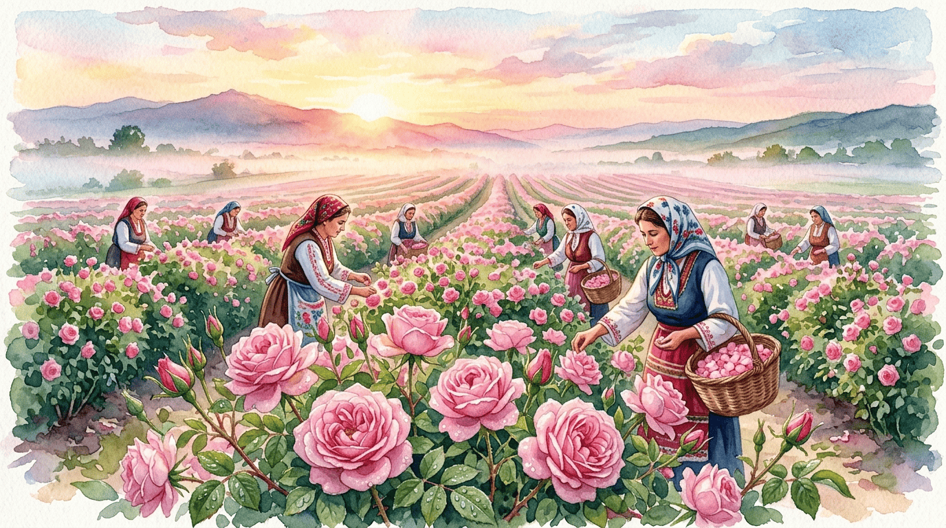 Illustrated historical scene for Damask Rose
