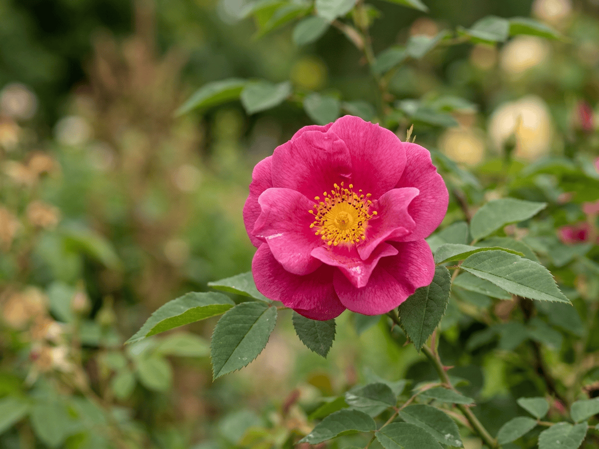 Apothekerrose — Nahaufnahme von Blättern und Blüten