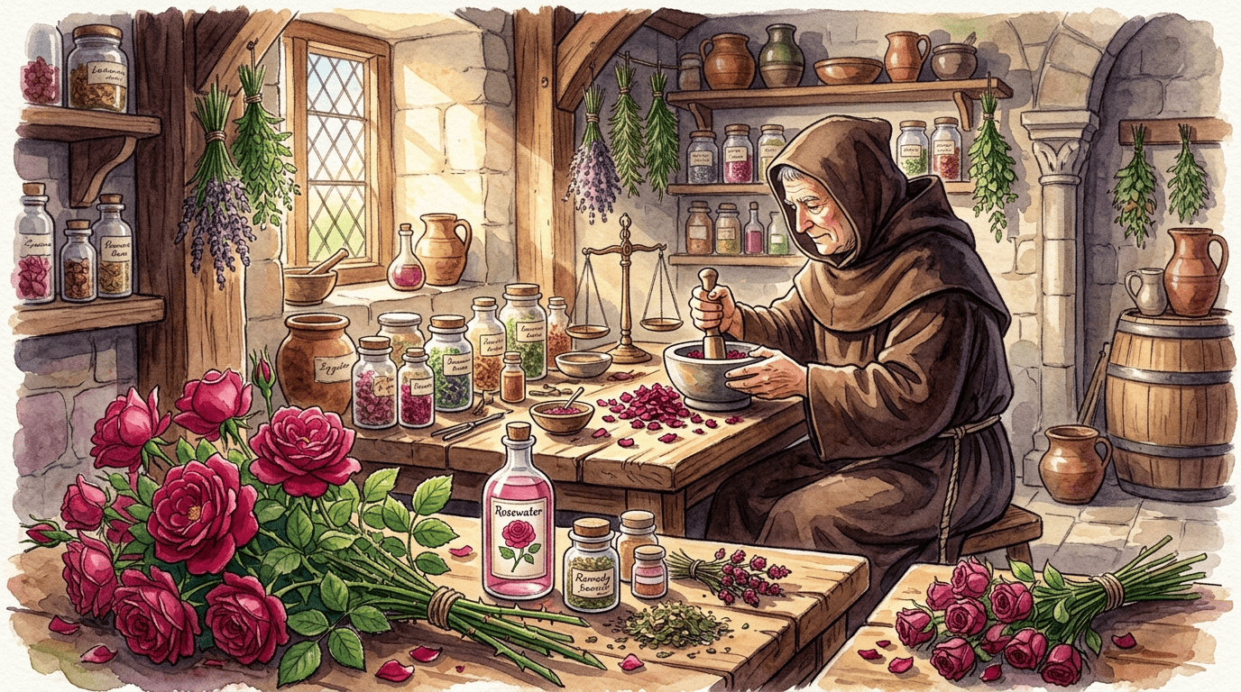Illustrierte historische Szene zu Apothekerrose