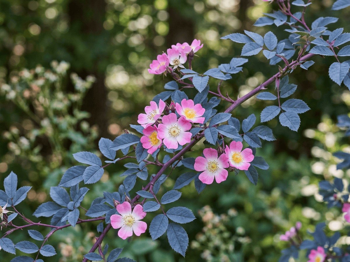 Red-Leaved Rose — close-up of leaves and flowers