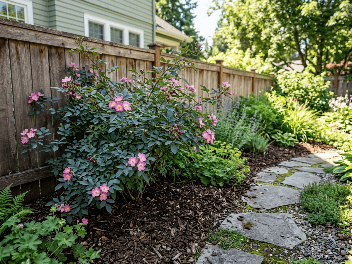 Red-Leaved Rose in a garden setting