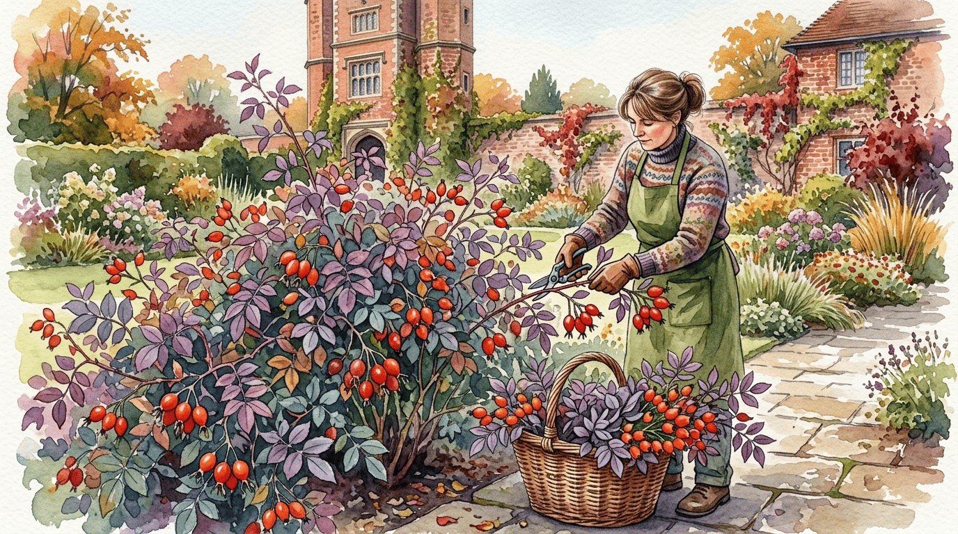 Illustrated historical scene for Red-Leaved Rose