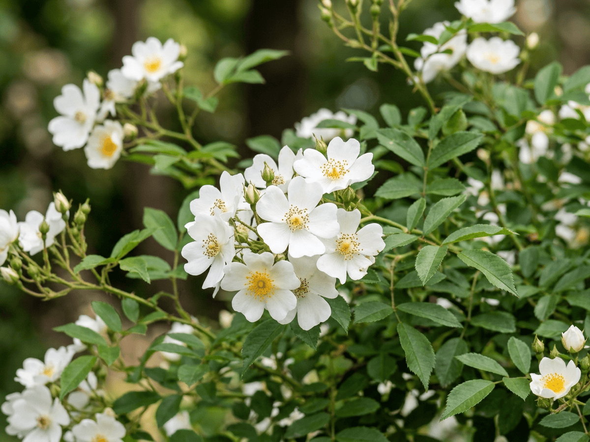 rosa multiflora — primer plano de hojas y flores