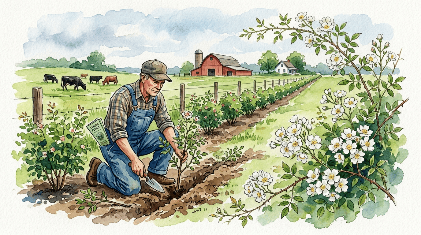 Escena histórica ilustrada de rosa multiflora