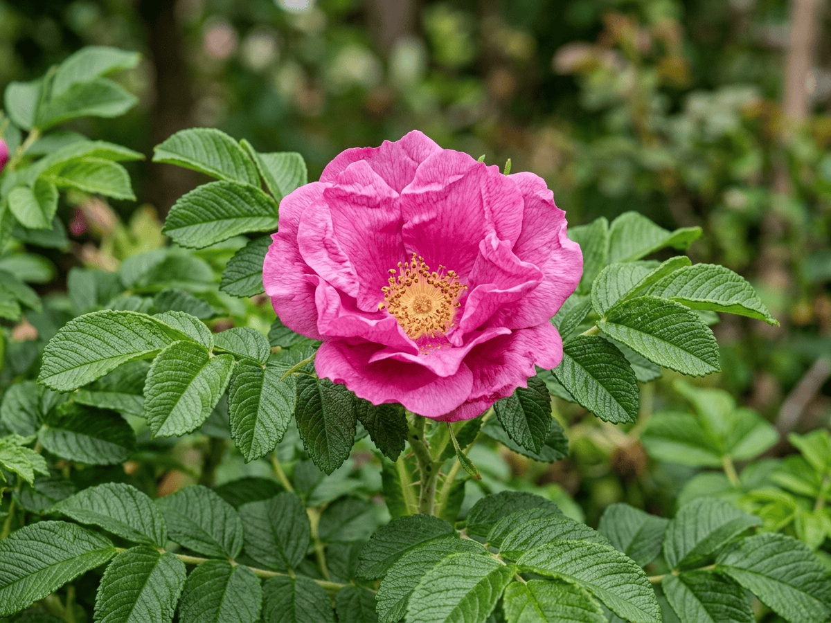 Hồng Rugosa — cận cảnh lá và hoa